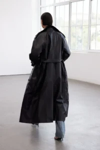 TRENDYOLMİLLA Black Arched Faux Leather Oversized LONG Trench Coat - Image 3