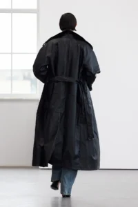 TRENDYOLMİLLA Black Arched Faux Leather Oversized LONG Trench Coat - Image 4