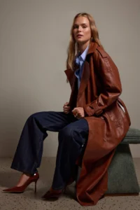 TRENDYOLMİLLA Brown Arched Faux Leather Oversized LONG Trench Coat