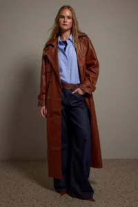 TRENDYOLMİLLA Brown Arched Faux Leather Oversized LONG Trench Coat - Image 2