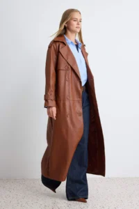 TRENDYOLMİLLA Brown Arched Faux Leather Oversized LONG Trench Coat - Image 3
