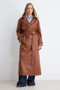 TRENDYOLMİLLA Brown Arched Faux Leather Oversized LONG Trench Coat - Image 4