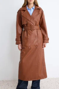 TRENDYOLMİLLA Brown Arched Faux Leather Oversized LONG Trench Coat - Image 5