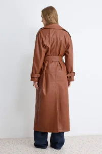 TRENDYOLMİLLA Brown Arched Faux Leather Oversized LONG Trench Coat - Image 6