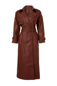 TRENDYOLMİLLA Brown Arched Faux Leather Oversized LONG Trench Coat - Image 7