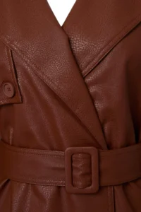 TRENDYOLMİLLA Brown Arched Faux Leather Oversized LONG Trench Coat - Image 8