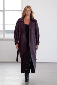 TRENDYOLMİLLA Burgundy Arched Faux Leather Oversized LONG Trench Coat