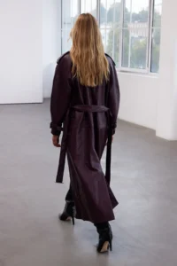 TRENDYOLMİLLA Burgundy Arched Faux Leather Oversized LONG Trench Coat - Image 2