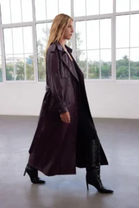 TRENDYOLMİLLA Burgundy Arched Faux Leather Oversized LONG Trench Coat - Image 3