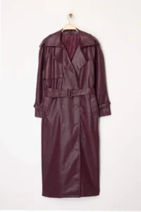 TRENDYOLMİLLA Burgundy Arched Faux Leather Oversized LONG Trench Coat - Image 5