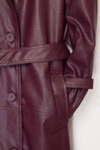 TRENDYOLMİLLA Burgundy Arched Faux Leather Oversized LONG Trench Coat - Image 6