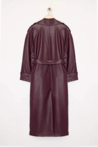 TRENDYOLMİLLA Burgundy Arched Faux Leather Oversized LONG Trench Coat - Image 7