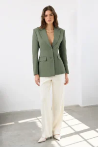 TRENDYOLMİLLA Khaki Fitted/Waist Fitting Weaving Blazer Jacket - Image 2