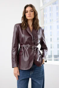 TRENDYOLMİLLA Burgundy Arched Double breasted Closed Faux Leather Blazer Jacket