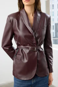 TRENDYOLMİLLA Burgundy Arched Double breasted Closed Faux Leather Blazer Jacket - Image 3