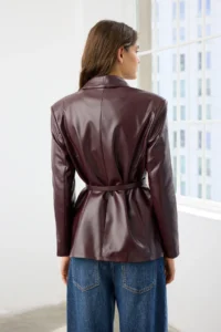 TRENDYOLMİLLA Burgundy Arched Double breasted Closed Faux Leather Blazer Jacket - Image 4