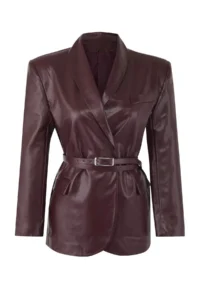 TRENDYOLMİLLA Burgundy Arched Double breasted Closed Faux Leather Blazer Jacket - Image 5