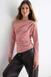TRENDYOLMİLLA Light PINK Ruffle/Drape Detailed Flowy Asymmetric Collar Knitting Blouse - Image 2