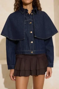 TRENDYOLMİLLA Special Collection DARK BLUE removable cloaked DENIM Poncho Jacket - Image 3
