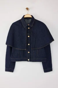 TRENDYOLMİLLA Special Collection DARK BLUE removable cloaked DENIM Poncho Jacket - Image 5
