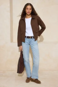 TRENDYOLMİLLA Brown Ribbed Velvet Collar Detailed DENIM Shirt Jacket - Image 2