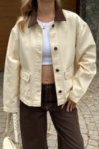 TRENDYOLMİLLA Ecru Ribbed Velvet Collar Detailed DENIM Shirt Jacket - Image 3
