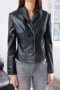TRENDYOLMİLLA Black Faux Leather Fitted buttoned Jacket - Image 3