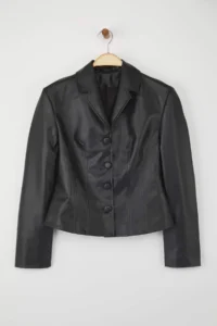 TRENDYOLMİLLA Black Faux Leather Fitted buttoned Jacket - Image 5