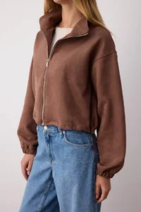 TRENDYOLMİLLA Dark Brown Plain Zippered Unlined Regular/Normal Pattern Knitting Suede Jacket - Image 3