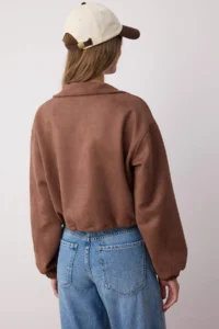 TRENDYOLMİLLA Dark Brown Plain Zippered Unlined Regular/Normal Pattern Knitting Suede Jacket - Image 4