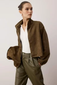 TRENDYOLMİLLA Khaki Plain Zippered Unlined Regular/Normal Pattern Knitting Suede Jacket - Image 2