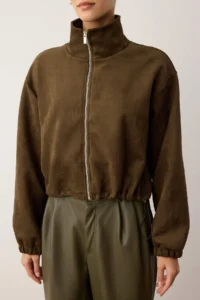 TRENDYOLMİLLA Khaki Plain Zippered Unlined Regular/Normal Pattern Knitting Suede Jacket - Image 3