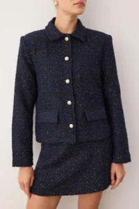 TRENDYOLMİLLA NAVY BLUE Simli Tweed buttoned Chic Jacket - Image 3