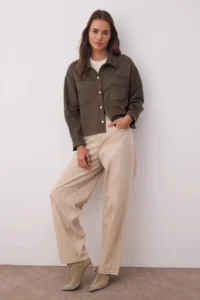 TRENDYOLMİLLA Khaki Gold Button Detailed Suede Shirt Jacket - Image 2
