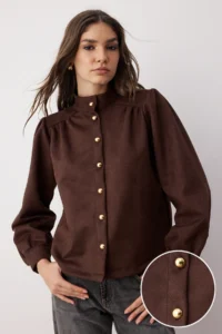 TRENDYOLMİLLA Dark Brown Button Detailed Suede Thin Shirt Jacket