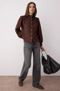 TRENDYOLMİLLA Dark Brown Button Detailed Suede Thin Shirt Jacket - Image 2