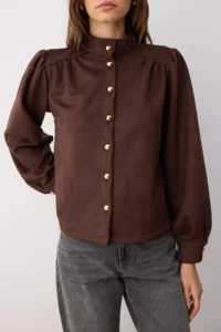 TRENDYOLMİLLA Dark Brown Button Detailed Suede Thin Shirt Jacket - Image 3