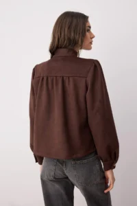 TRENDYOLMİLLA Dark Brown Button Detailed Suede Thin Shirt Jacket - Image 4