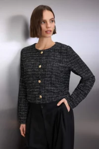 TRENDYOLMİLLA Black Tweed buttoned Regular Knitting Jacket - Image 2