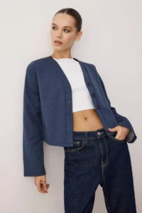 TRENDYOLMİLLA NAVY BLUE Regular/Normal Pattern Flexible Knitting Jacket - Image 3