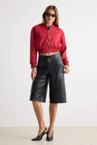 TRENDYOLMİLLA Red Regular Pattern Suede Bomber Jacket Jacket Coat - Image 2