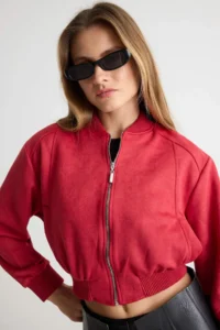 TRENDYOLMİLLA Red Regular Pattern Suede Bomber Jacket Jacket Coat - Image 3