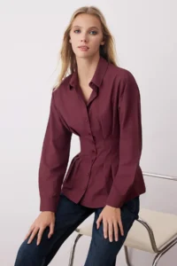 TRENDYOLMİLLA Burgundy Waist Fitting Gipe Detailed Shirt - Image 2
