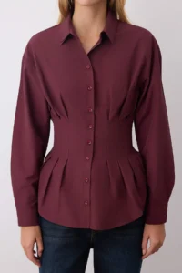 TRENDYOLMİLLA Burgundy Waist Fitting Gipe Detailed Shirt - Image 3
