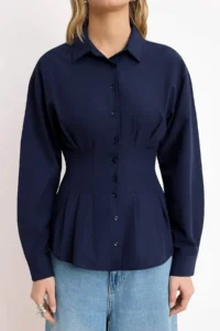 TRENDYOLMİLLA NAVY BLUE Waist Fitting Gipe Detailed Shirt - Image 3