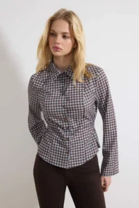 TRENDYOLMİLLA BLUE-Multicolored Checkered Waist Adjustable Lightweight Waist Fitting Sleeves Wide Shirt