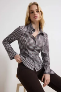 TRENDYOLMİLLA BLUE-Multicolored Checkered Waist Adjustable Lightweight Waist Fitting Sleeves Wide Shirt - Image 2