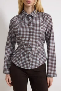 TRENDYOLMİLLA BLUE-Multicolored Checkered Waist Adjustable Lightweight Waist Fitting Sleeves Wide Shirt - Image 3