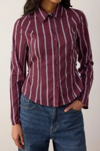 TRENDYOLMİLLA Burgundy-Multicolored Striped Waist Adjustable Lightweight Waist Fitting Sleeves Wide Shirt - Image 3