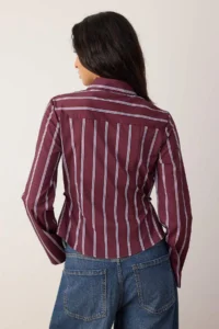 TRENDYOLMİLLA Burgundy-Multicolored Striped Waist Adjustable Lightweight Waist Fitting Sleeves Wide Shirt - Image 4